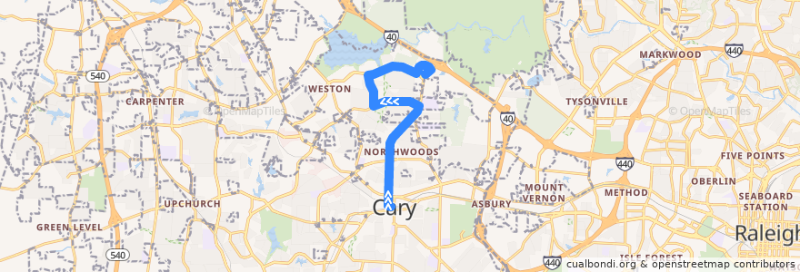 Mapa del recorrido GoCary 3: Cary Depot => Harrison Square de la línea  en Wake County.