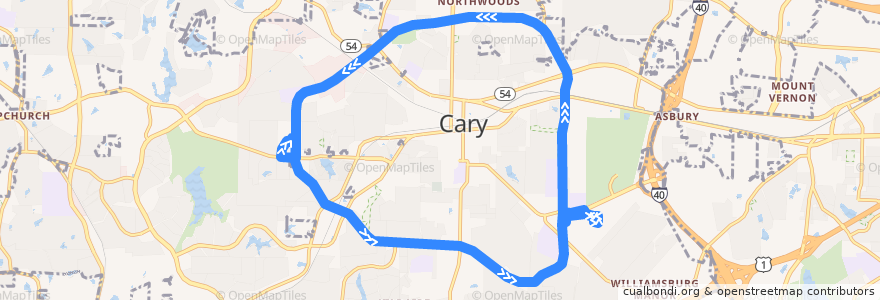 Mapa del recorrido GoCary Route 2 Maynard (Maynard Road Loop) de la línea  en Cary.