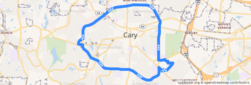 Mapa del recorrido GoCary Route 1 Maynard (Maynard Road Loop) de la línea  en Cary.