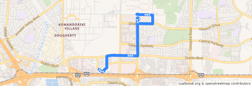 Mapa del recorrido Wheels 1: East Dublin/Pleasanton BART => Hall of Justice => Santa Rita Jail (weekdays) de la línea  en Dublin.