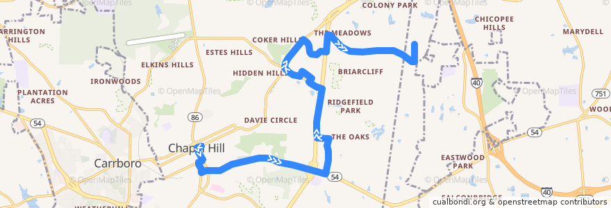 Mapa del recorrido CHT Route FG: Franklin Street → Colony Woods de la línea  en Chapel Hill.