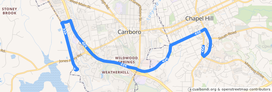 Mapa del recorrido CHT Route CM: Pittsboro Street → Jones Ferry Park and Ride Lot de la línea  en Orange County.