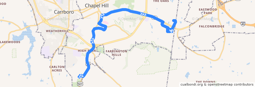 Mapa del recorrido CHT Route V: Southern Village → Meadowmont de la línea  en Chapel Hill.