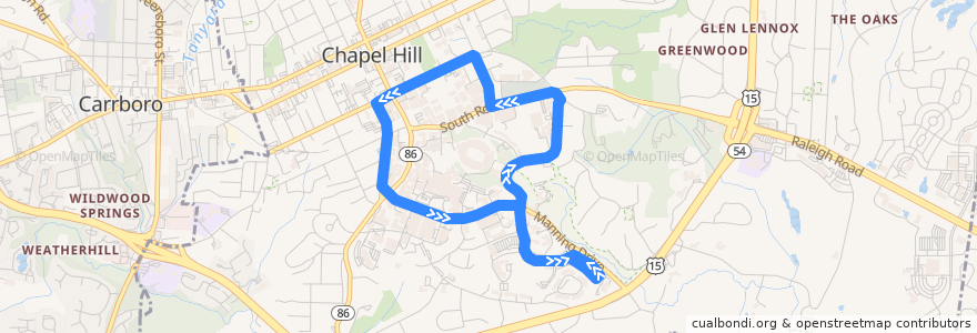Mapa del recorrido CHT Route RU de la línea  en Chapel Hill.