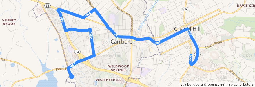Mapa del recorrido CHT Route CW: Pittsboro Street at Credit Union → Jones Ferry Park and Ride Lot de la línea  en Orange County.