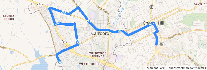 Mapa del recorrido CHT Route CW: Jones Ferry Park and Ride Lot → Pittsboro Street at Credit Union de la línea  en Orange County.