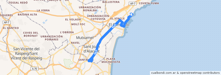 Mapa del recorrido C-53: El Campello ⇒ Hospital de Sant Joan de la línea  en Алаканти.