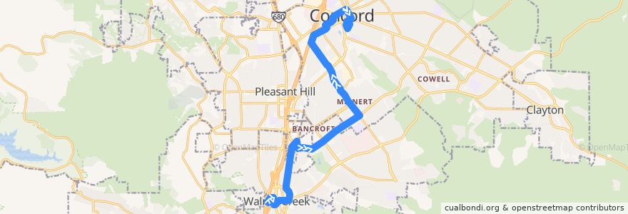 Mapa del recorrido County Connection 311: Walnut Creek BART =>Pleasant Hill BART => Concord BART de la línea  en Contra Costa County.