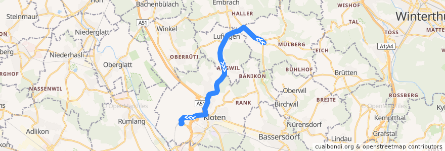 Mapa del recorrido Bus 524: Oberembrach, Dorf => Zürich Flughafen, Bahnhof de la línea  en Bezirk Bülach.