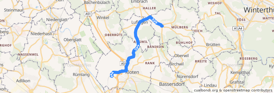 Mapa del recorrido Bus 524: Zürich Flughafen, Bahnhof => Oberembrach, Dorf de la línea  en Bezirk Bülach.