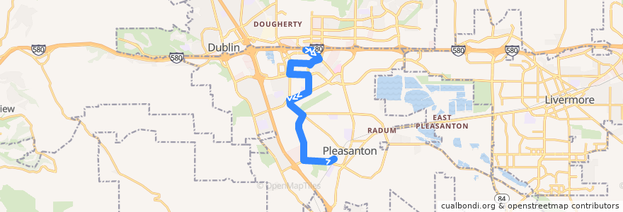 Mapa del recorrido Wheels 54: East Dublin/Pleasanton BART => Hacienda Drive => Pleasanton ACE Station (evenings) de la línea  en Pleasanton.