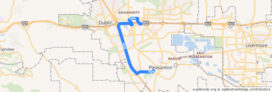 Mapa del recorrido Wheels 54: Pleasanton ACE Station => East Dublin/Pleasanton BART (evenings) de la línea  en 阿拉梅达县/阿拉米達縣/阿拉米達郡.