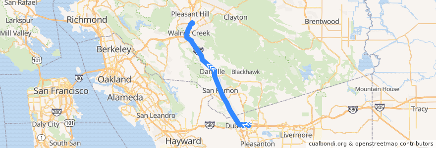 Mapa del recorrido Wheels 70X: East Dublin/Pleasanton BART => Pleasant Hill BART (mornings) de la línea  en Contra Costa County.