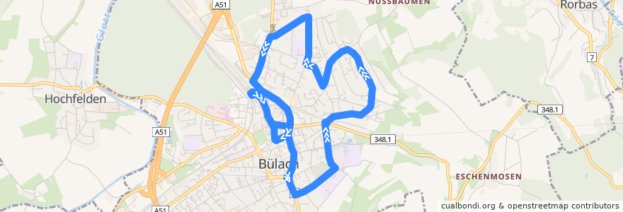 Mapa del recorrido Bus 501: Bülach, Bahnhof => Bülach, Bahnhof Ost (Rundkurs via Bülach, Kantonsschule) de la línea  en Bülach.