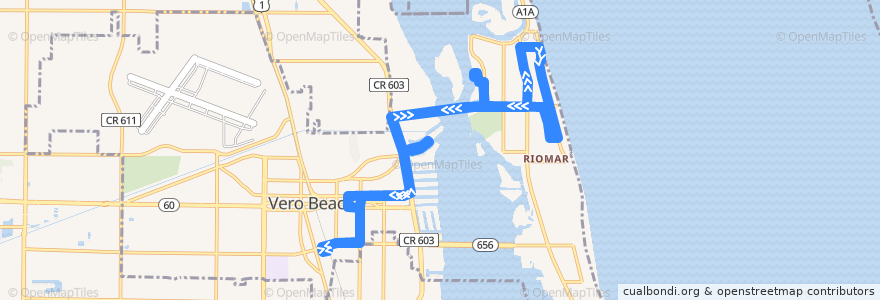 Mapa del recorrido Bus 1: Conn Way & Ocean Drive => Main Transit Hub => Conn Way & Ocean Drive de la línea  en Vero Beach.