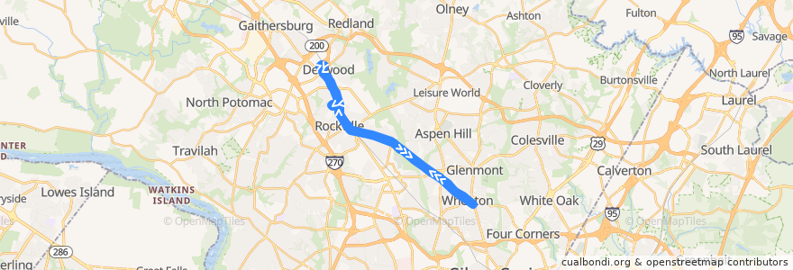 Mapa del recorrido WMATA Q6 Viers Mill Road Line de la línea  en Montgomery County.