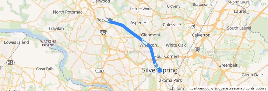 Mapa del recorrido WMATA Q4 Viers Mill Road Line de la línea  en Montgomery County.