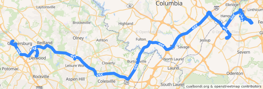 Mapa del recorrido Commuter Bus 201: Gaithersburg Park & Ride (weekday trips 20-23;25-32;34) de la línea  en Maryland.