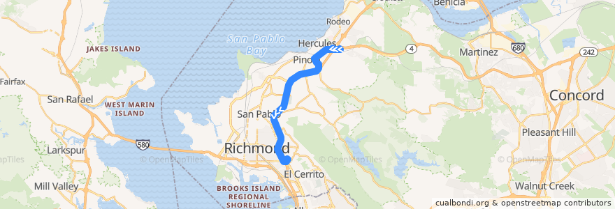 Mapa del recorrido WestCAT JPX: Hercules => El Cerrito de la línea  en Contra Costa County.