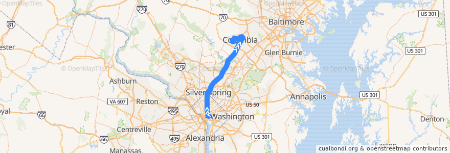 Mapa del recorrido Commuter Bus 325: Columbia (from Metro Center) de la línea  en 메릴랜드.