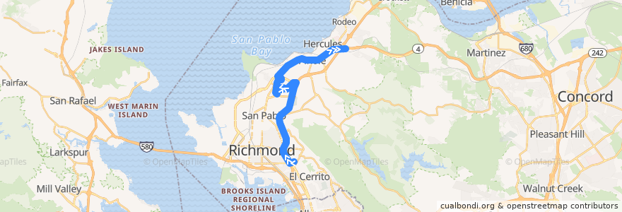 Mapa del recorrido WestCAT JL: El Cerrito => Hilltop Mall => Hercules (weekdays) de la línea  en Contra Costa County.