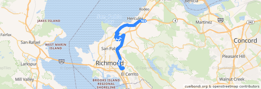 Mapa del recorrido WestCAT JL: Hercules => Hilltop Mall => El Cerrito (weekdays) de la línea  en Contra Costa County.