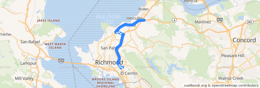 Mapa del recorrido WestCAT JR: El Cerrito => Richmond Parkway Transit Center => Hercules (weekdays) de la línea  en Contra Costa County.