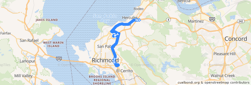 Mapa del recorrido WestCAT JR: Hercules => Richmond Parkway Transit Center => Hilltop Mall => El Cerrito (late nights, weekends) de la línea  en Contra Costa County.