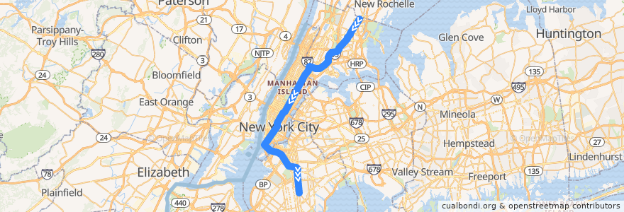 Mapa del recorrido NYCS - 5 Train: Eastchester–Dyre Avenue → Flatbush Avenue–Brooklyn College de la línea  en 纽约.