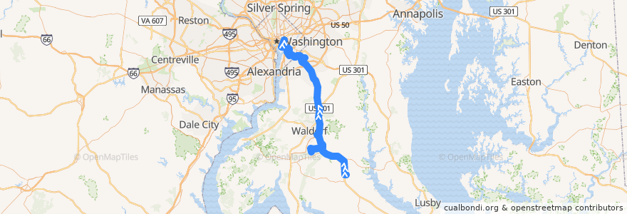 Mapa del recorrido Commuter Bus 735: Washington, D.C. de la línea  en Maryland.