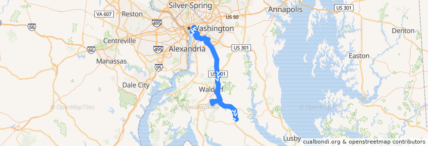 Mapa del recorrido Commuter Bus 735: Charlotte Hall/Waldorf de la línea  en Maryland.