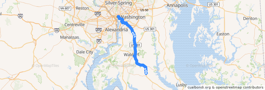 Mapa del recorrido Commuter Bus 705: Washington, D.C. de la línea  en Maryland.