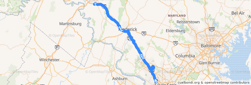 Mapa del recorrido Commuter Bus 505: Hagerstown/Myersville (trips 9;18 via Urbana/Monocacy) de la línea  en Maryland.