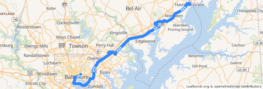 Mapa del recorrido Commuter Bus 420: Havre de Grace (trip A via White Marsh) de la línea  en 马里兰州.