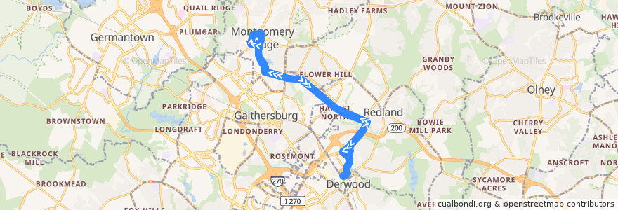 Mapa del recorrido Ride On 65 de la línea  en Montgomery County.