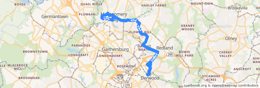 Mapa del recorrido Ride On 60 de la línea  en Montgomery County.