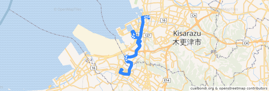 Mapa del recorrido イオンモール木更津線（木更津駅西口発君津駅南口行き、イオンモール木更津従業員口経由） de la línea  en 木更津市.