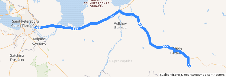 Mapa del recorrido Автобус № 867: Санкт-Петербург - Бокситогорск de la línea  en Óblast de Leningrado.