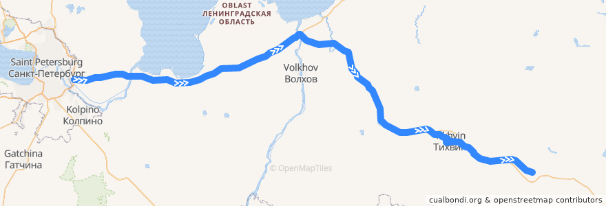 Mapa del recorrido Автобус № 896: Санкт-Петербург - Пикалёво de la línea  en Ленинградская область.