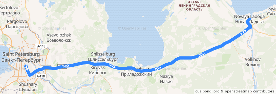 Mapa del recorrido Автобус № 847: Санкт-Петербург - Новая Ладога de la línea  en Óblast de Leningrado.