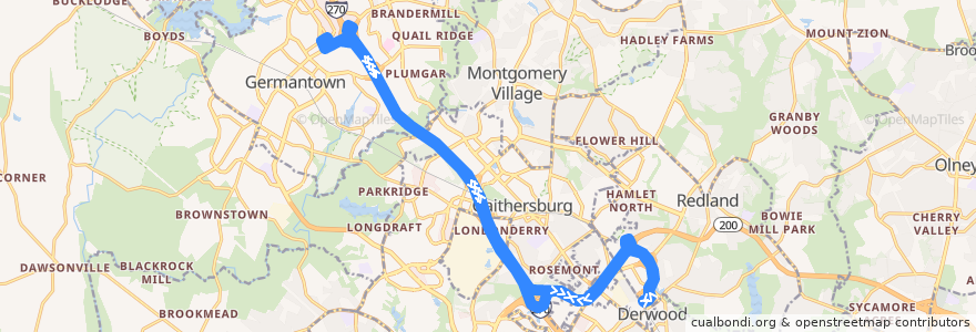 Mapa del recorrido Ride On 100 de la línea  en Montgomery County.