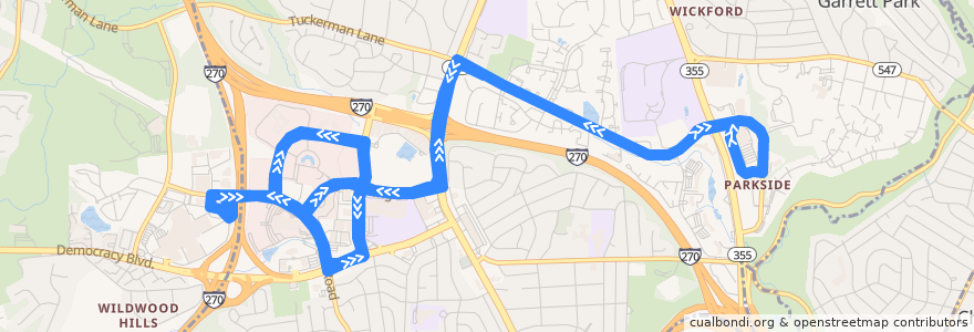 Mapa del recorrido Ride On 96 de la línea  en North Bethesda.