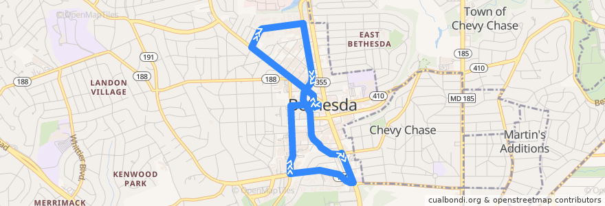 Mapa del recorrido Bethesda Circulator de la línea  en Montgomery County.