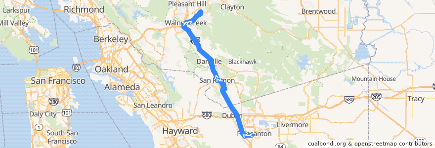 Mapa del recorrido County Connection 92X: Pleasanton ACE => San Ramon => Danville Park and Ride => Shadelands de la línea  en Californie.