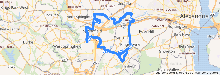 Mapa del recorrido Fairfax Connector Route 322 Greater Springfield Circulator (CW) de la línea  en Fairfax County.