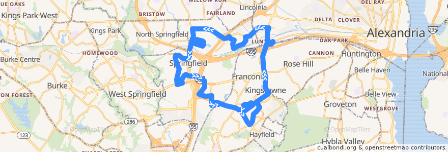 Mapa del recorrido Fairfax Connector Route 321 Greater Springfield Circulator (CCW) de la línea  en Fairfax County.