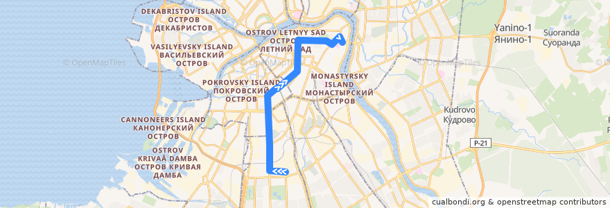 Mapa del recorrido Троллейбус № 15: Сызранская улица => Тульская улица de la línea  en Saint-Pétersbourg.