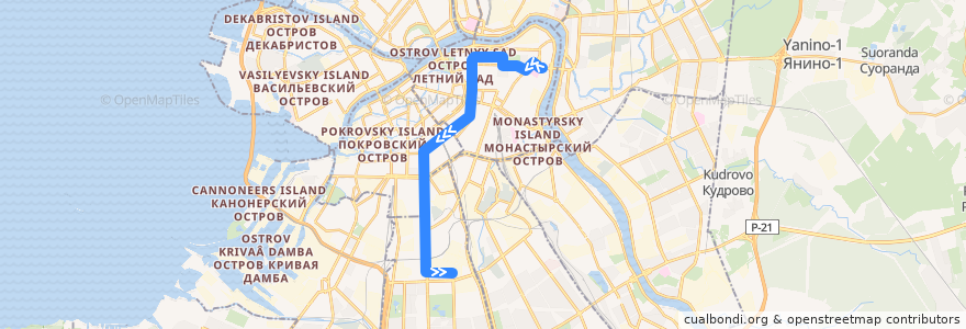 Mapa del recorrido Троллейбус № 15: Тульская улица => Сызранская улица de la línea  en Санкт-Петербург.