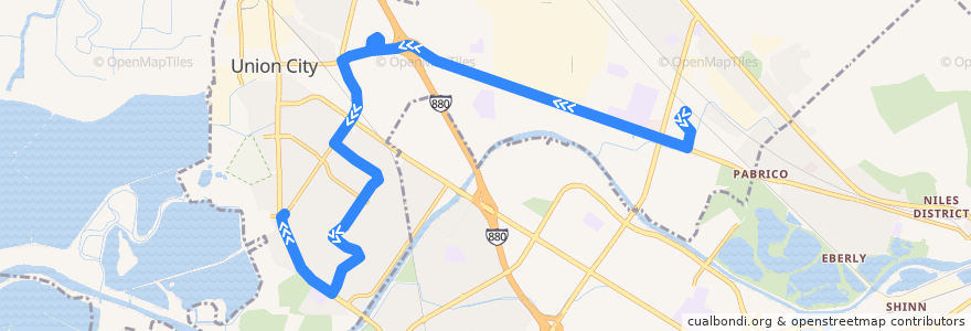 Mapa del recorrido Union City Transit 1: Union City BART => Dyer Street de la línea  en Union City.