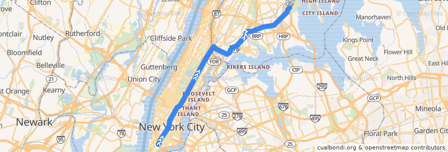 Mapa del recorrido NYCS - 6 Train: Brooklyn Bridge–City Hall → Pelham Bay Park de la línea  en Нью-Йорк.
